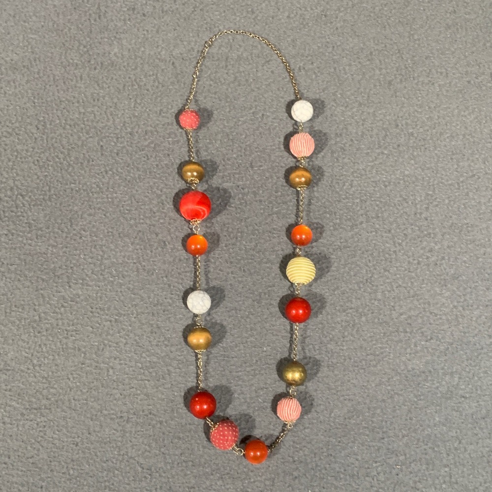 Mixed Bead Station Necklace Women Red Orange Gold Boho Eclectic